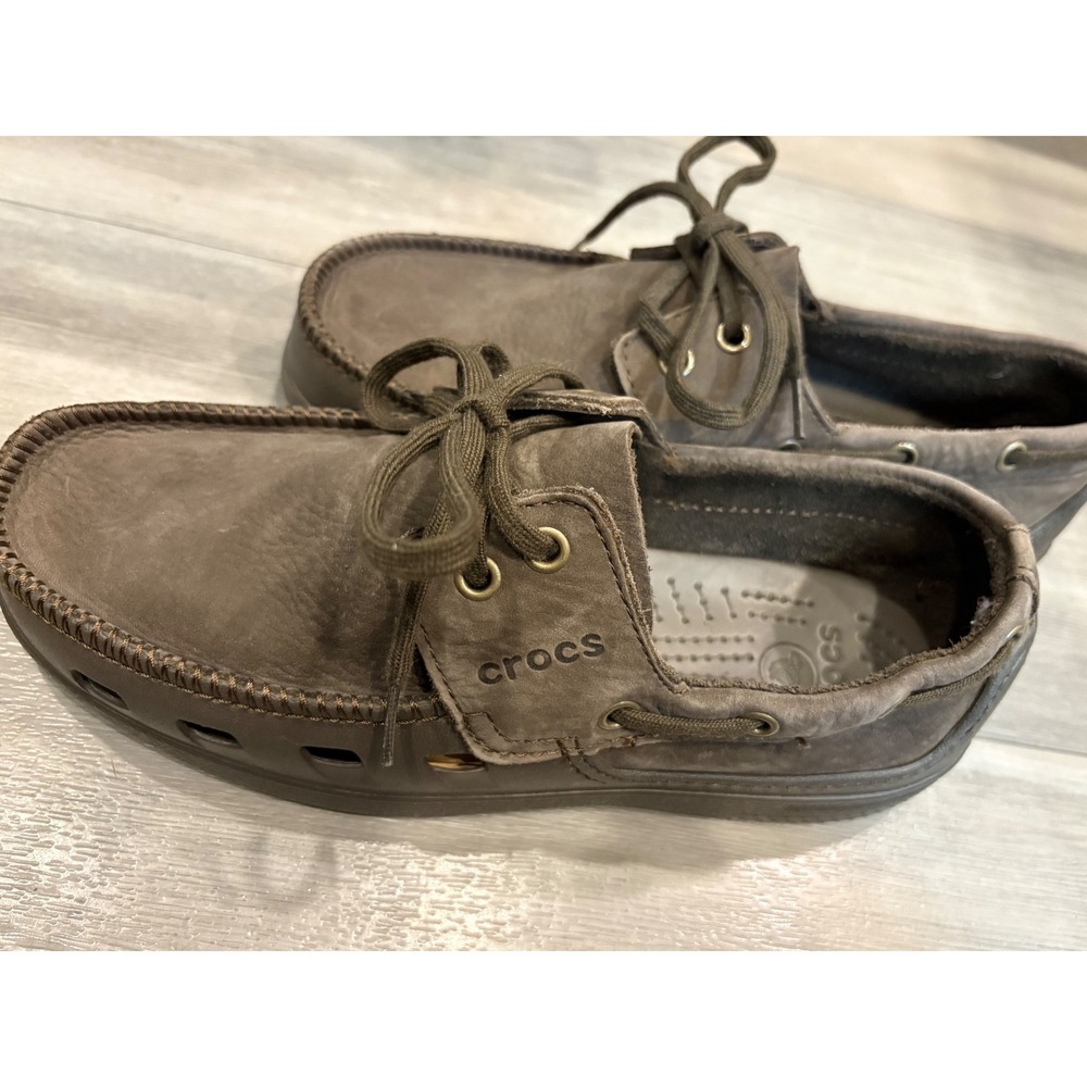 Crocs Harborline Mens 7 Boat Shoes Espresso Brown Leather Loafers Deck Shoes